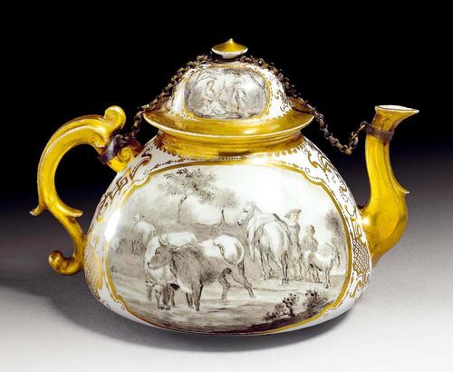 TEAPOT WITH AUGSBURG HAUSMALER DECORATION, Meissen, circa 1724-30.The mould circa 1724. The S-shaped handle and spout gilded. The painting probably by Sabina Aufenwerth in schwarzlot and the skin parts in iron red. The front with a scene of shepherds, the back with scene of a herdsman saddling a horse and with cattle drinking. Each in a shaped gold cartouche. The lid similarly decorated The handle and spout with silver-gilt chain. H 11.5. The gilding on the lid and handle slightly rubbed. The Schwarzlot painting also slightly rubbed. The finial with minor chips.
