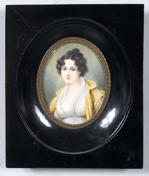 PORTRAIT OF A LADY,Empire style. Mixed media on ivory. Oval. 8.2 x 6.2 cm
