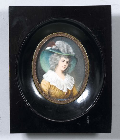 PORTRAIT OF A YOUNG WOMAN,in the style of the 18th century. Mixed media on ivory. Oval. Inscribed "Kauffmann". 8 x 6.3 cm.