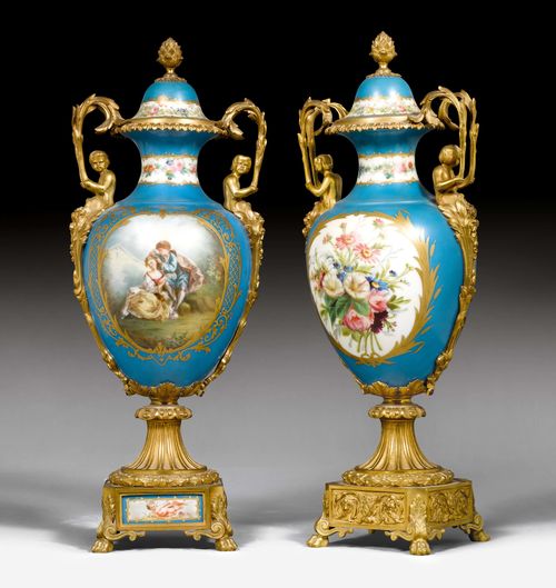 PAIR OF PORCELAIN VASES WITH BRONZE MOUNTS,Napoléon III, Paris, end of the 19th century. Colourful porcelain and gilt bronze. Painted with gallant scenes and bouquets of flowers. H 47 cm.