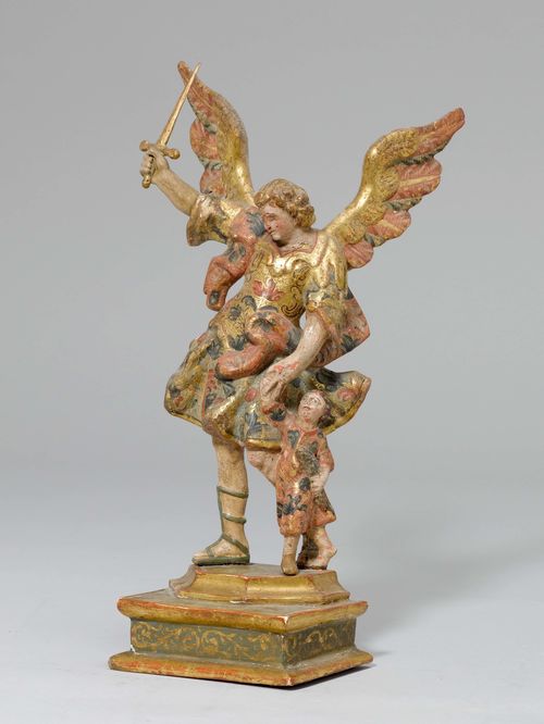 RAPHAEL WITH TOBIAS,Spain, ca. 1700. Wood, carved and painted. Raphael with a sword, guiding little Tobias. 33 cm. Provenance: Gut Aabach, Risch am Zugersee.