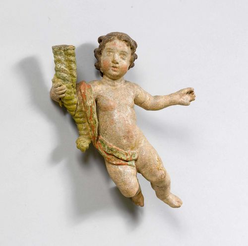 LIGHT-BEARING ANGEL, Baroque, from the Alpine region, circa 1700. Wood, carved full round and painted. H 36 cm. Wings missing, paint heavily rubbed.