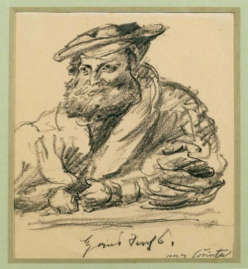 CORINTH, LOVIS (Tapiau 1858 - 1925 Zaandvoort).Portrait of a bearded man in historical costume, 1920s. Black chalk drawing. 25 x 22 cm. Inscribed below image: (not legible). Signed in pencil lower right: Lovis Corinth. Framed. - Evenly browned.