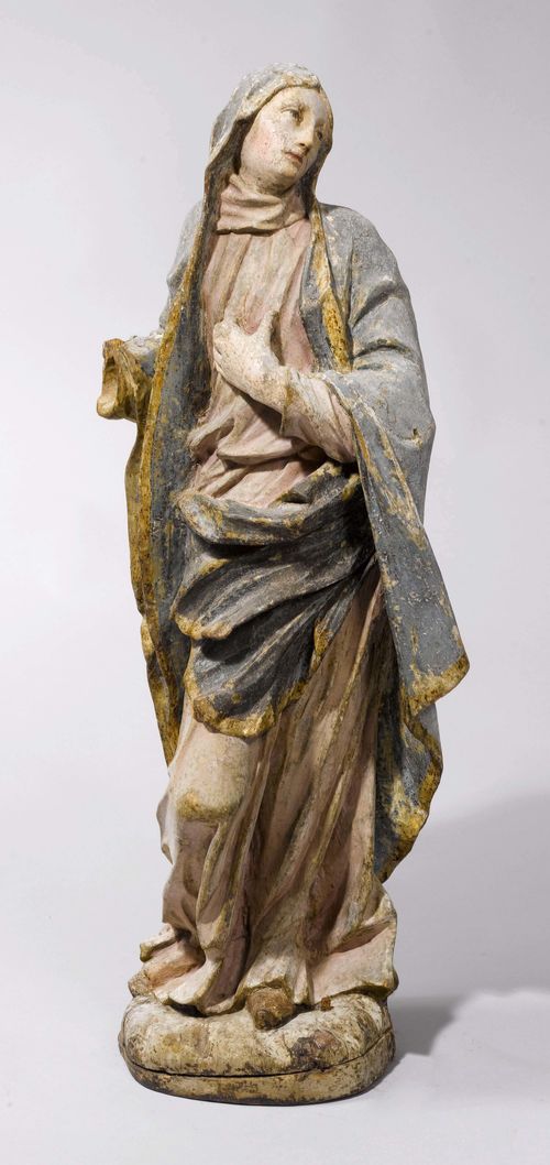 MARY FROM A GROUP AROUND THE CROSS,Southern Germany, 1st half of the 18th century. Wood, carved full round and painted. H 73 cm. 1 arm, missing. Provenance: Gut Aabach, Risch am Zugersee.