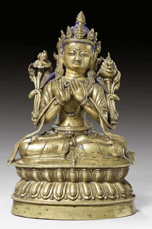 AN BRONZE FIGURE OF MAITREYA WITH INLAID EYES. Tibet, 16th c. Height 19.5 cm.