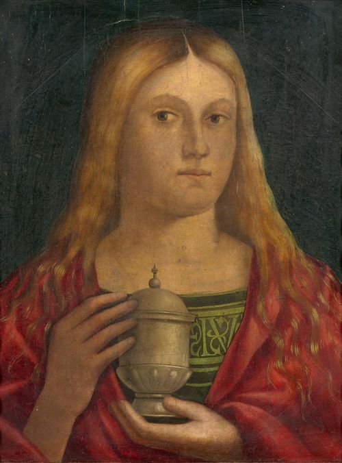 Attributed to BISSOLO, FRANCESCO (Treviso circa 1470 - 1554 Venice) Saint Mary Magdalene. Oil on panel. 48.5 x 40.3 cm.