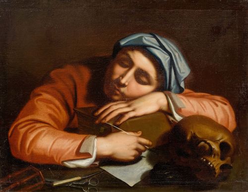 GERMANY, 18TH CENTURY Student sleeping, with symbols of the vanitas. Oil on canvas. 57.5 x 74 cm.