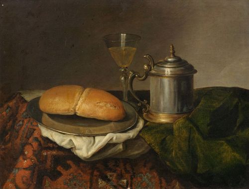 GERMANY, 18TH CENTURY Still life with bread, wine and silver utensils. Oil on canvas. 39.5 x 51 cm.