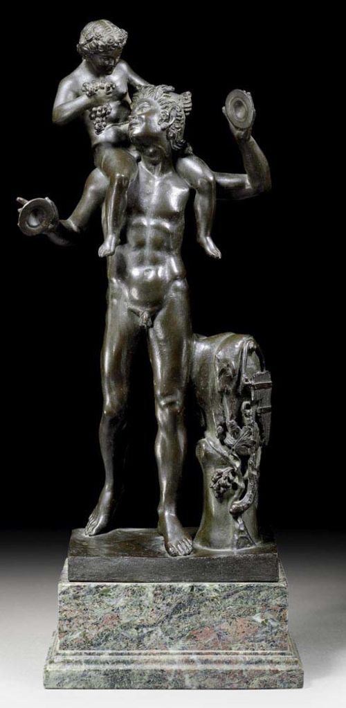 SCULPTURE OF A FAUN, after the antique, probably  Italy, 19th century Bronze with green patina. Standing faun with young Bacchus on his shoulders. Set on a "Vert de Mer" plinth. H 49 cm. Provenance: Swiss private collection.