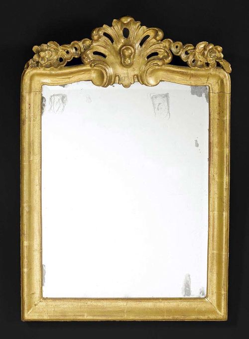 SMALL PIERCED AND CARVED GILTWOOD MIRROR,Louis XV, probably  Bern, 18th century H 69 cm, W 51 cm. Provenance: Private collection, Meggen.