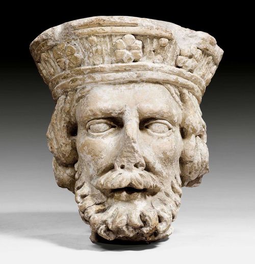 STONE HEAD OF A KING,Renaissance, Burgundy circa 1600. Light lime sandstone.  Nose missing. Slight signs of weathering and remains of white/gray painting. H 30 cm.