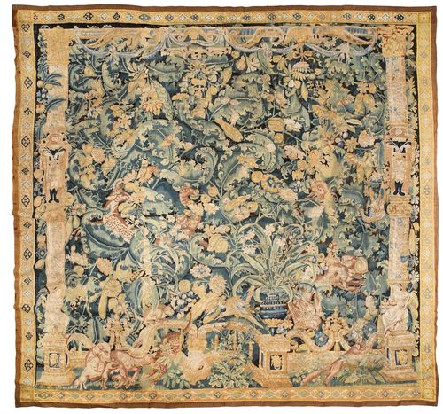 TAPESTRY "AUX FEUILLES DE CHOUX",probably Oudenaarde circa 1580. Later leaf-decorated border. Height probably shortened. H 335 cm, W 340 cm.