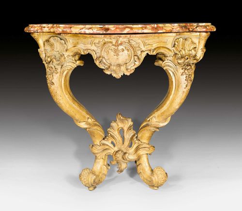 CONSOLE, Louis XV, German, 18th century. Richly carved and gilt wood. "Breche d'Alep" top. 76x52x76 cm.