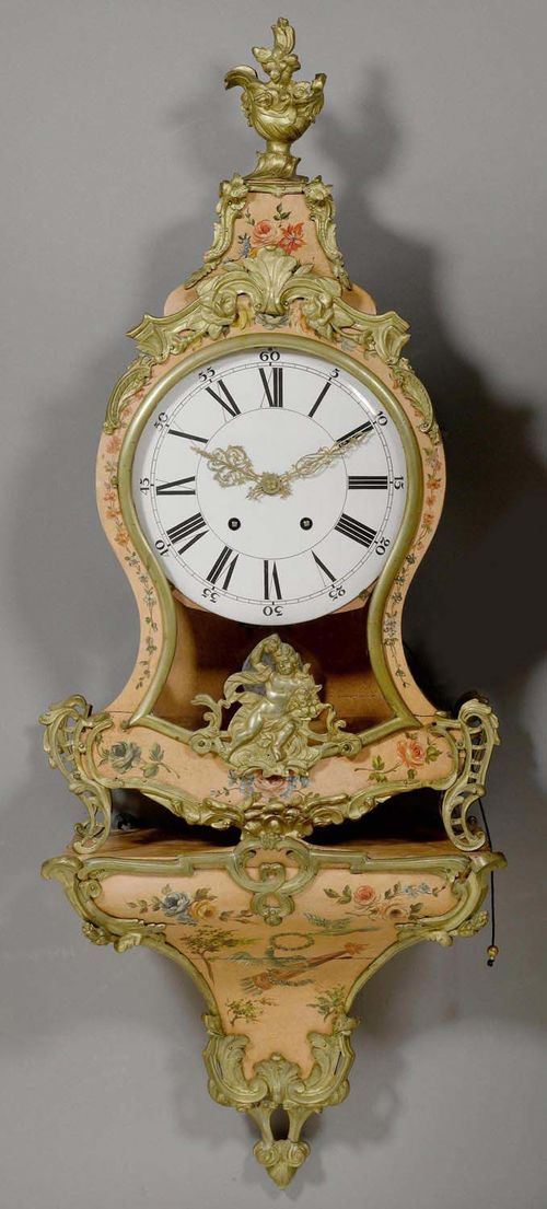 PAINTED CLOCK with plinth, Louis XV, Neuchatel circa 1760. Wood painted with turtledoves and flowers on a salmon-pink background. Enamel dial and 2 fine gilt hands. Anchor escapement striking the 1/2 hours on bell. Some restoration required. 37x21x109 cm.