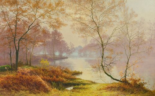 RIGOLOT, ALBERT GABRIEL (1862 Paris 1932) Autumn landscape with a pond. Oil on canvas. Signed lower left: ARigolot. 89.5 x 147 cm.