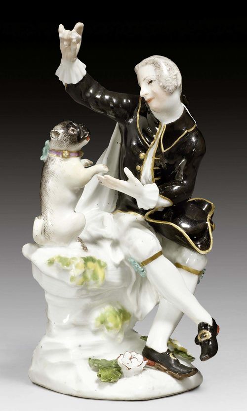 GENTLEMAN WITH MOPS, MEISSEN, CIRCA 1745.Model Friedrich Eberlein or J.J. Kaendler. H 12.5cm. Minor restoration.