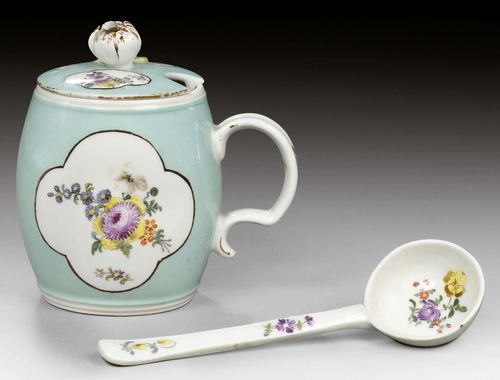 MUSTARD POT WITH LID AND SPOON, MEISSEN, MID 18TH CENTURY .With turquoise ground and quatrefoil reserve enclosing Manierblumen. The lid and spoon also decorated with Manierblumen. Underglaze blue sword mark on the underside of the pot. H 8.5cm. Provenance: Private collection, Switzerland