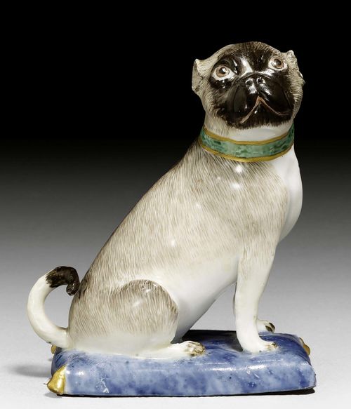 SITTING PUG ON PILLOW, MEISSEN, MODEL J.J. KAENDLER, CIRCA 1744.Without mark. H 10.8cm. Tail replaced.