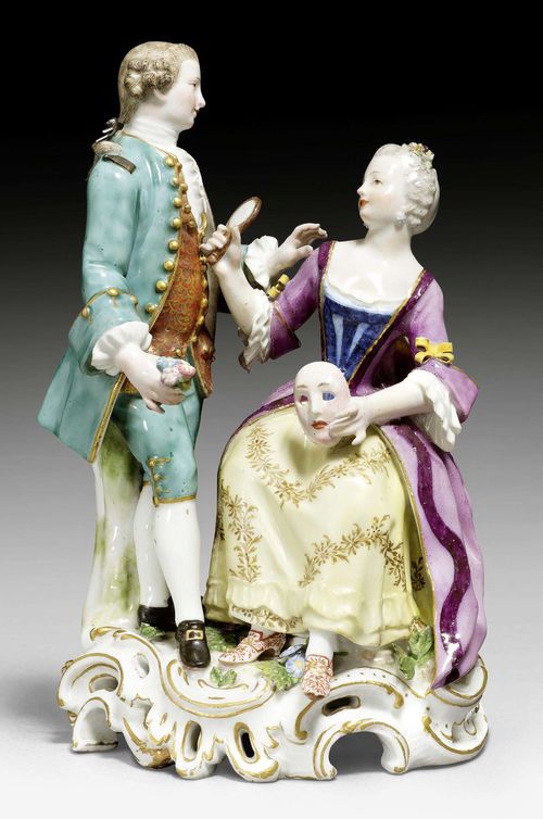 GENTLEMAN WITH LADY GROUP, MEISSEN, CIRCA 1770.Underglaze blue sword mark with dot. B.S. z94z. incised. H 19.5cm. Small restorations.