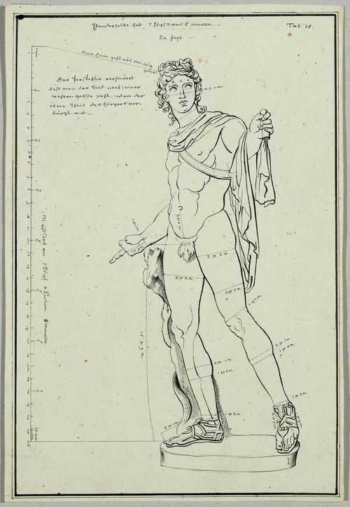 GERMAN SCHOOL.- Les Proportions du Corps Humain, Measurées sur les Plus Belles Figures de l'Antiquité, Paris : G. Audran, 1683. Anonymous, 1816. Lot comprising  19 drawings on proportions according to famous works of ancient Greece, and a title page. Black and brown pen over black crayon. Each ca. 33 x 23 cm. Each entitled in German in brown pen and within the images, together with measurements. Probably after engravings from: Les Proportions du Corps Humain, Measurées sur les Plus Belles Figures de l'Antiquité, Paris : G. Audran, 1683.