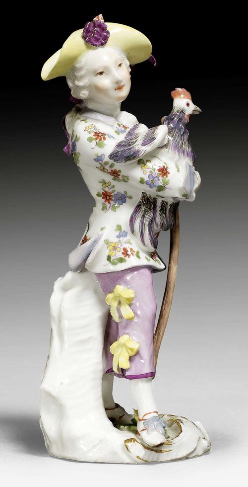 SMALL GENTLEMAN WITH ROOSTER, MEISSEN, CIRCA 1750.Model Peter Reinicke and J.J. Kaendler. Without mark. H 14cm. Small restorations. Provenance: Galerie Koller, auction 17 June 2006, lot 1736