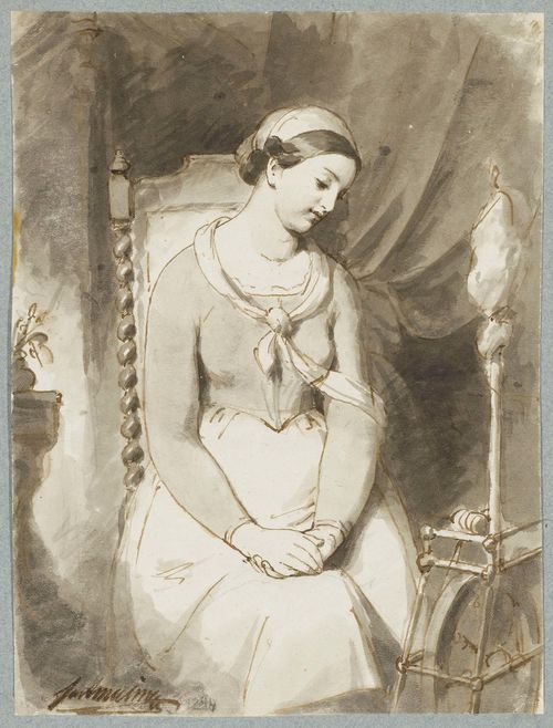 AMERLING, FRIEDRICH RITTER VON (1803 Vienna 1887). Seated young woman with a spinning wheel. Brown pen with grey wash. 18.7 x 14.1 cm. Signed lower left: Fr. v. Amerling. – Also included: by the same artist: young woman holding a book. Black pen over pencil. 22 x 9 cm. Signed lower left: Amerling. Provenance: - From an old Basel collection