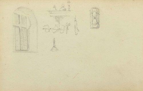 ANKER, ALBERT (1831 Inn 1910). Double-sided study sheet with window, console and longcase clock. Verso: costume studies. Pencil. 10.5 x 16 cm (image). Inscribed verso within the image in pencil: Lucas d. Leyden ... Framed.
