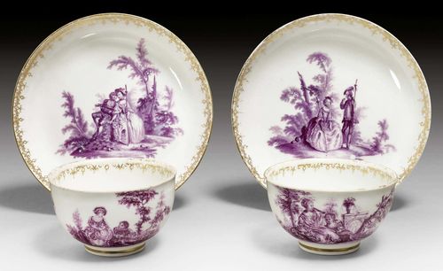 PAIR OF CUPS AND SAUCERS WITH WATTEAU SCENES IN PURPLE CAMAIEU, MEISSEN, CIRCA 1745.Underglaze blue sword marks, gold numbers 97. and impressed numbers. Gilding rubbed in parts. (4)