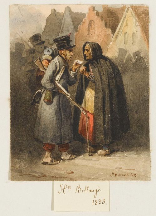 BELLANGÉ, HIPPOLYTE (1800 Paris 1866). Soldiers checking travel documents, 1833. Watercolour, 9 x 7.5 cm. Signed and dated lower right in brown pen: Bellangé 1833.