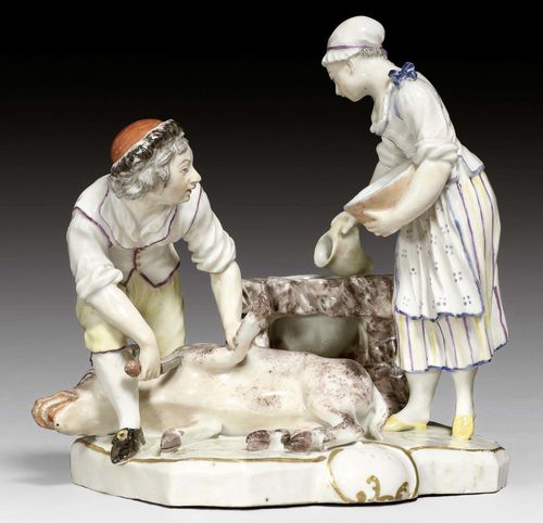 BUTCHER COUPLE SLAUGHTERING A PIG, LUDWIGSBURG, MODEL JOHANN ADAM BAUER,CIRCA 1765. 'Steinbock' (Capricorn) allegory from a series of the zodiac signs. Electoral hat and CC monogram in underglaze blue, incised mark. H 11.5cm.