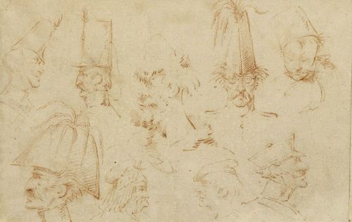 FRENCH SCHOOL, 18TH CENTURY. Caricature studies of soldiers. Brown chalk. On laid paper with watermark:"PM". 19.5 x 30 cm. Framed .