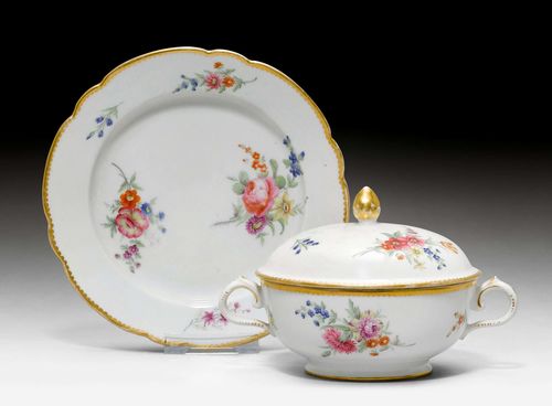 ECUELLE AND SMALL PLATE, Nyon,ca. 1781-1813. Painted in the Sèvres style, with small bouquets of flowers and 'dentils d'or' border. Underglaze blue fish marks. D 17 cm, 17.5 cm). (3) Provenance: Private collection, Geneva.