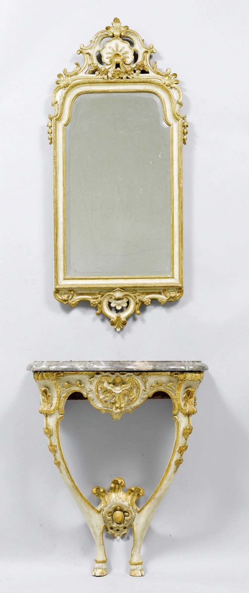 A CONSOLE WITH MIRROR, Baroque style, probably Munich. Carved and parcel gilt wood. Grey mottled marble top. 65x38x78 cm. The mirror 115x52 cm.