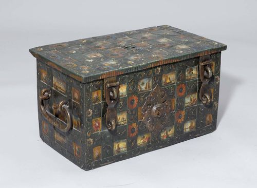 AN IRON CHEST, Baroque, Switzerland or Germany. Iron with later painted decoration. Five-bolt lock and engraved escutcheon. 71x40x42 cm. 1 key.