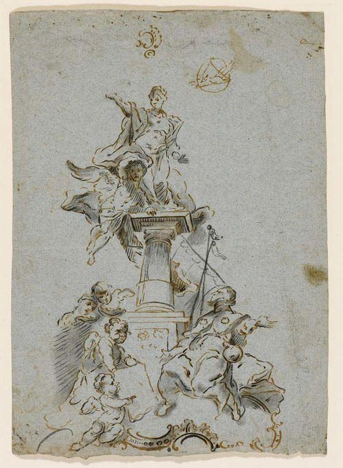 AUGSBURG, 18TH CENTURY Sketch for an altar painting with kneeling saint in front of a pillar. Brown and grey pen, grey wash. On grey-blue wove paper. Verso: old inscription (signature?) in brown pen: Josephus Huker. 21.5x15.4 cm.