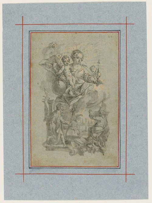 AUGSBURG, 18TH CENTURY Madonna with Christ child. King David with harp and other saints. Black and grey pen, grey wash, traces of red chalk. On blue tinged laid paper. Inscribed with old collector's number in upper right margin: 24. 15.3x10 cm.