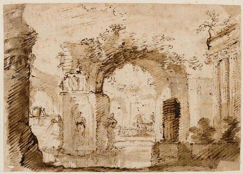 BRANCALEONE, PIETRO (ca. 1712 Venice 1737) Italian landscape with temple and antique ruins. Brown pen, brown wash. 8.9 x 12.7 cm. Framed.