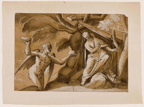 GERMAN, 17TH CENTURY The Temptation of Christ in the desert. Black pen, black wash, heightened in white.On laid paper, primed brown. Old mount. 20 x 29.3 cm.