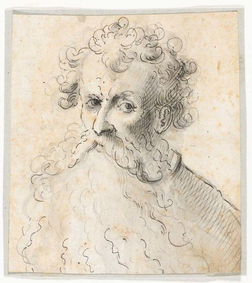 GERMAN, 17TH CENTURY Portrait of unknown bearded man. Black and grey pen, grey wash. 11.2 x 10.2 cm.