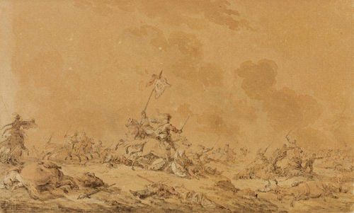 GERMAN, 17TH CENTURY Battle scene with mounted fighters. Grey pen, brown and grey wash. 13.9 x 23 cm.