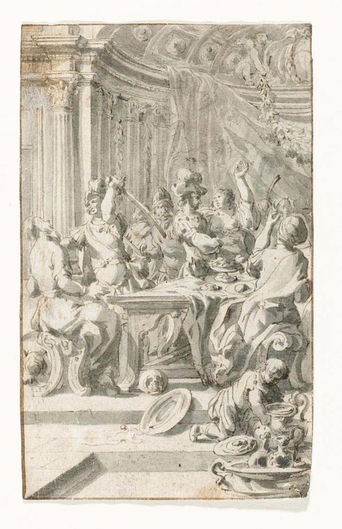 GERMAN,17TH/18TH CENTURY Banquet scene with brawling soldiers. Grey pen, grey wash. 13.2 x  8.2 cm.
