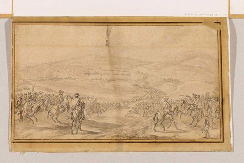 GERMAN, 18TH CENTURY Parade of the Cavalry. Black pencil, brown pen, brown wash. Old mount. 29.9 x 46.6 cm.