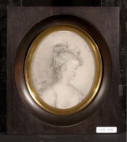 GERMAN, 18TH CENTURY Portrait of a lady. Graphite pencil, partially coloured. Signed and dated on left margin: (indistinct). 14.7 x11.3 cm. Framed.