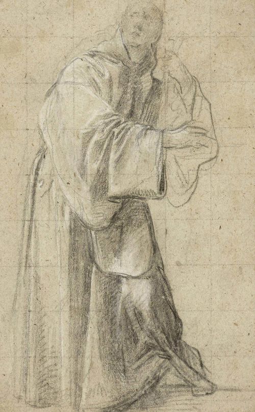 ITALIAN SCHOOL, 17TH CENTURY A monk supporting himself. Black chalk, heightened in white. Squared with black chalk. Old mount. 31.2 x 19.4 cm.