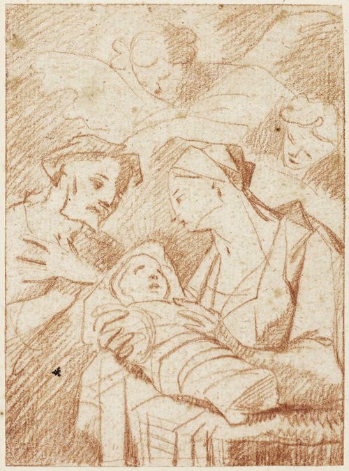 ITALIAN SCHOOL , 17TH CENTURY The Holy Family. Red chalk drawing. Old mount. Stamped on lower margin: i. Old numbering in brown pen: No. 193. Verso old inscription in brown pen: Portefeuille N.26. Dessein N.40. Old inscription in pencil: J. 11.7 x 8.6 cm. Provenance: - Rhyner collection, Basel