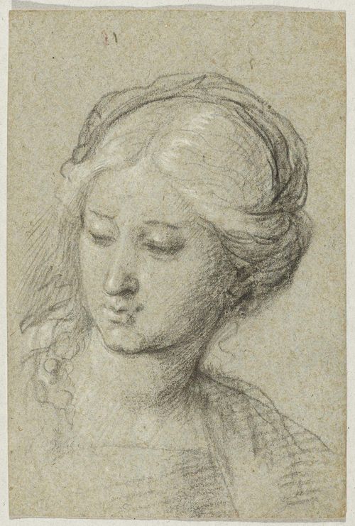 ITALIAN SCHOOL, 17TH CENTURY Study of the head of a young woman. Black chalk, heightened in white. On  grey wove paper. 19.6 x 13 cm.