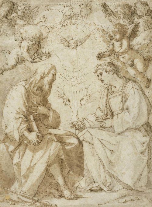 ITALIAN SCHOOL, 17TH CENTURY The coronation of Saint Paul and Saint Stephen Brown pen, with brown and grey wash. Old notes verso in pencil: Col. Delacre. 24.6 x 18.4 cm.