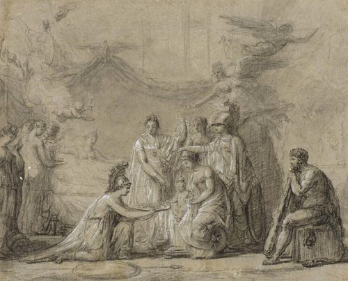 LEGRAND DE LERANT, PIERRE NICOLAS (Pont-l'Eveque 1758 - 1829 Bern) The birth of the King of Rome, 1811. Black and white chalk on brown wove paper. With old mount on backing board. Entitled, dated and inscribed on board in brown pen: P.N.Scott dit Legrand. 22.5 x 28 cm. Provenance: - Collection of  Conrad Baumann v. Tischendorf - Private collection  Switzerland