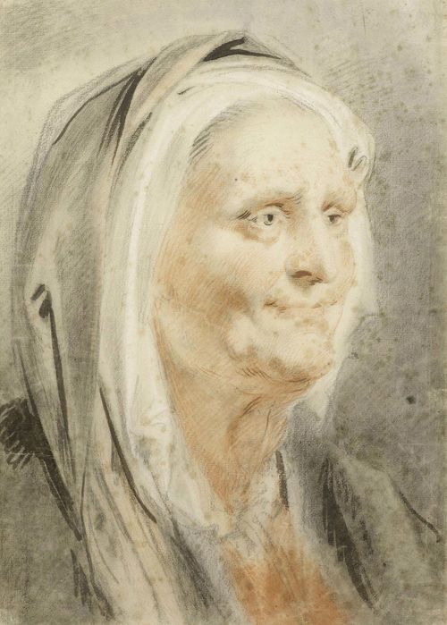 Circle of JORDAENS, JACOB (1593 Antwerp 1678) Portrait of an older woman. Black, red and white chalk, with brush in black. On wove paper with watermark: BEAVUAIS. Old inscription verso in pencil: Jacob Jordaens. 44.5 x 31.5 cm. framed. Provenance: - Collection of  M. Komor (b. 1909), New-York, Lugt 1882a