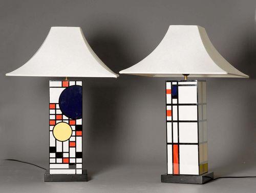 PAIR OF TABLE LAMPS,in the style of Piet Mondrian, 20th century. Polychrome lacquered. H without shade 51 cm.